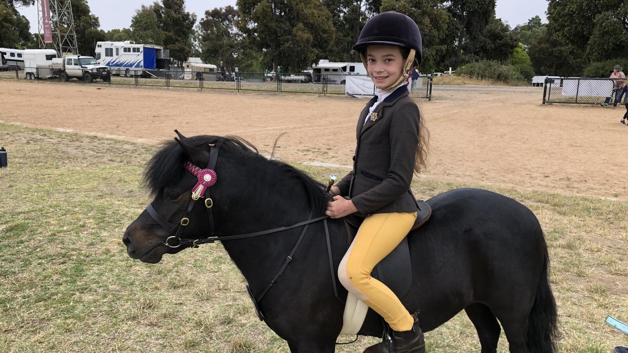 Baylee Lampard, 10, riding her sister Charlee's pony, named Princess Poppy.