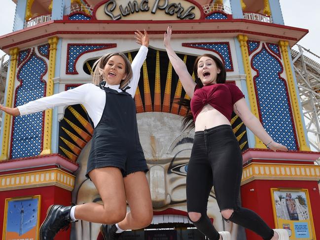 (L-R) Jess Weale and Kristen Fisher are excited that Luna Park could reopen next week.Picture: Josie Hayden