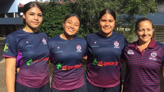 Ipswich SHS trio Tiresa Elika, Shalom Sauaso, Lishiainah Ulugia and Qld 18s coach Veronica White.