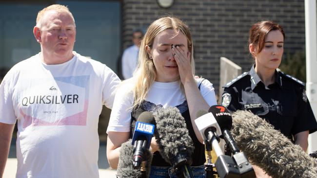 Samantha Murphy’s daughter Jess Murphy and husband Michael speak to media outside Ballarat West Police Station. Picture: NCA Newswire / Nicki Connolly