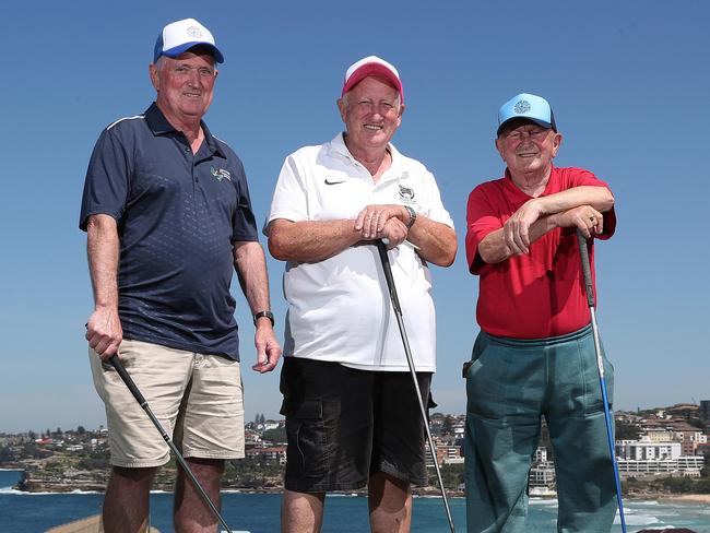 Golf Surviving COVID-19. Bondi Golf & Diggers Club members Gerry Hanniffy, Lee McDonald and Tom Williams at their local course in Bondi. Picture: Brett Costello