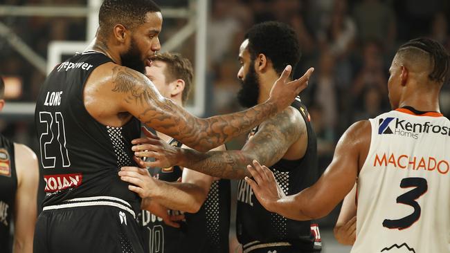 United’s Shawn Long argues with Cairns opponent Scott Machado. Picture: Getty Images