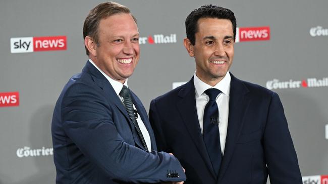 Premier Steven Miles (left) and Opposition Leader David Crisafulli at this week’s Courier-Mail/Sky News Australia People’s Forum. Picture: Lyndon Mechielsen