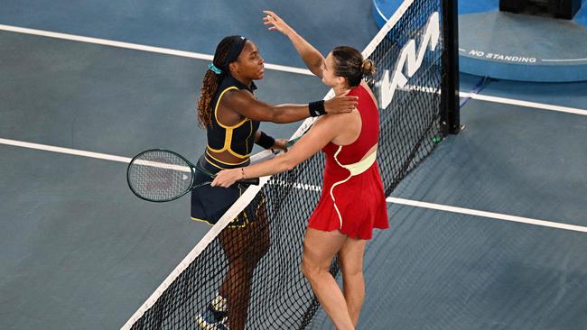 Belarus' Aryna Sabalenka is hugged by USA's Coco Gauff following Sabalenka's victory in their women's singles semi-final. Picture: Anthony Wallace / AFP.