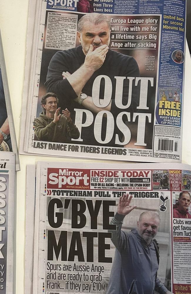Back pages of British newspaper's following Tottenham manager Ange Postecoglou's sacking. Picture: Sophie Elsworth.