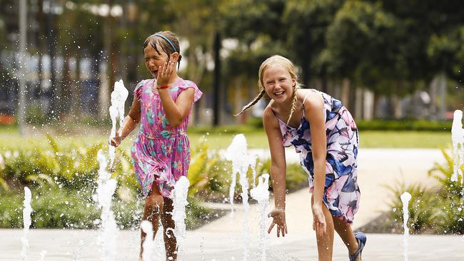 Kids can make a splash in the water fountains at Darling Quarter park. Picture: Justin Lloyd