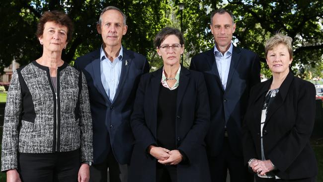 Greens leaders past and present, from left, Peg Putt, Bob Brown, Cassy O'Connor, Nick McKim and  Christine Milne met environmentalists to discuss the proposed changes to forestry. Picture: NIKKI DAVIS-JONES