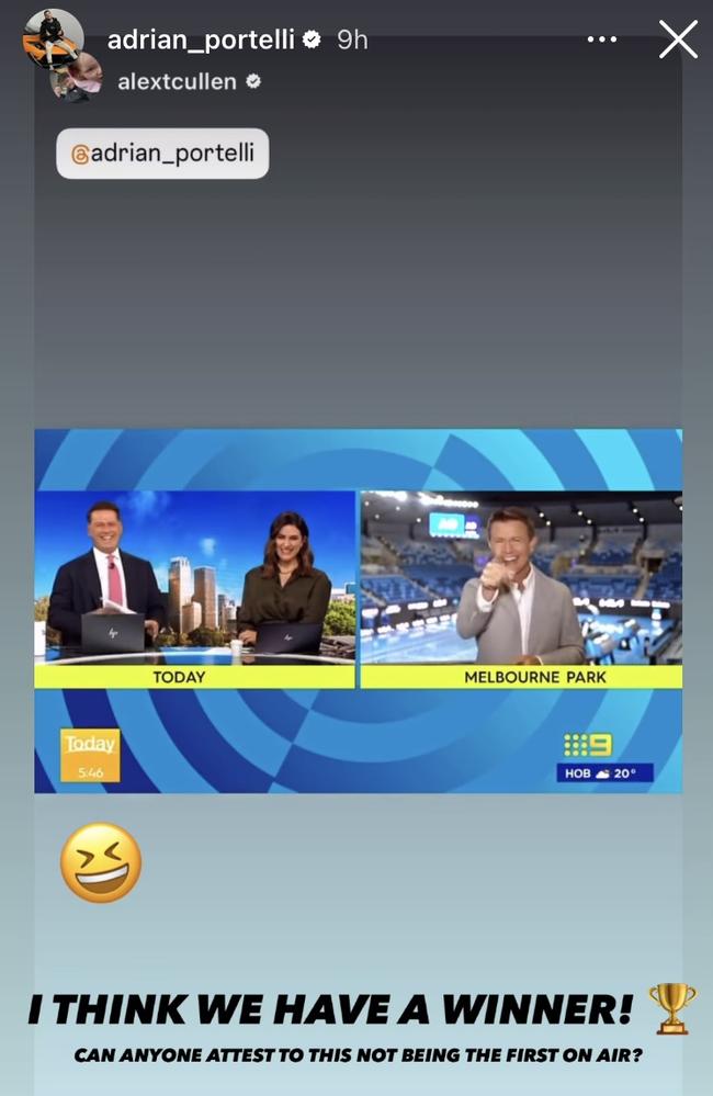 Adrian Portelli shared Alex Cullen's Instagram story in which Cullen did a shout out to Portelli, referring to him as "McLaren Man' on the Today Show. Picture: Supplied/Instagram.