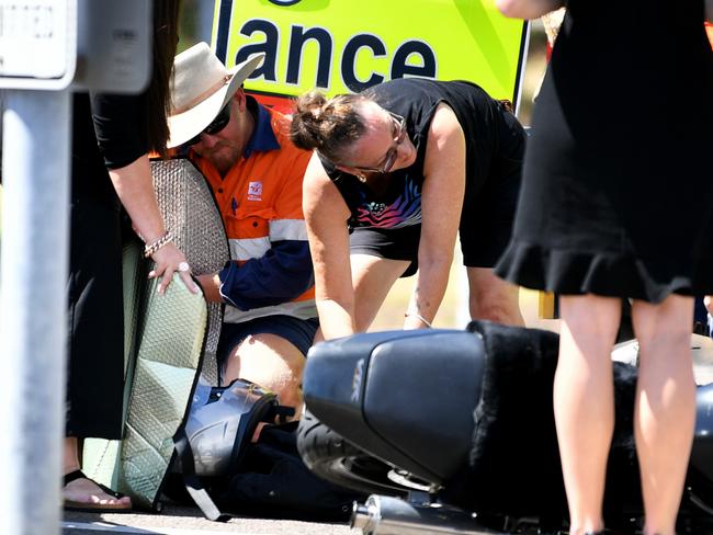 Emergenc Services respond to a two vehicle crash involving a four-wheel drive and a motorbike in Hermit Park. Picture: Alix Sweeney