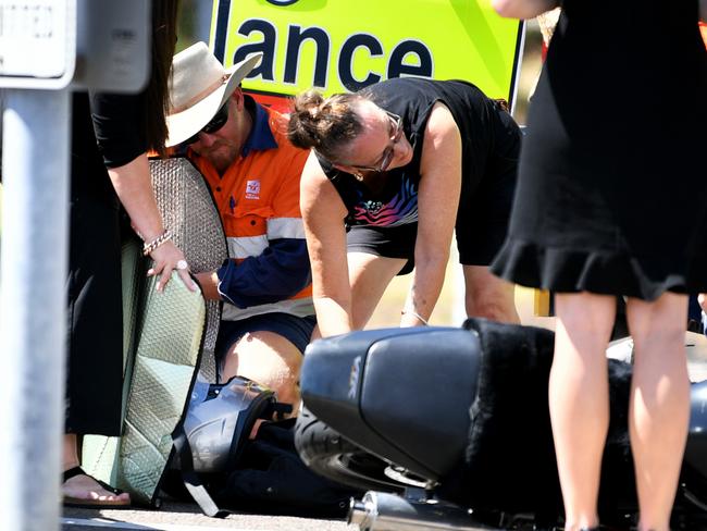 Emergenc Services respond to a two vehicle crash involving a four-wheel drive and a motorbike in Hermit Park. Picture: Alix Sweeney