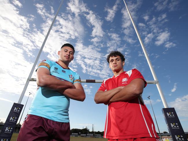 Arama Hau from Keebra Park (left) and Tanu Nona from Palm Beach Currumbin renew the rugby league rivalry ahead of their Langer Trophy clash at Pizzey Park. Picture: Glenn Hampson.