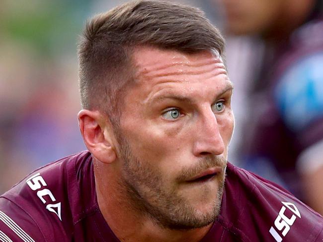 Manly's Lewis Brown passes during the Round 1 NRL game between the Manly Sea Eagles and the Parramatta Eels at Lottoland , Brookvale . Picture : Gregg Porteous