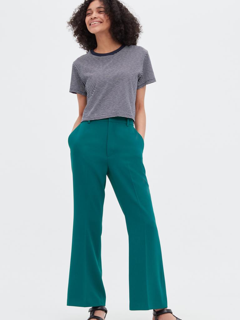 UNIQLO Drape Flared Pants, $49.90 and Slub Jersey Striped Cropped T-shirt, $19.90.