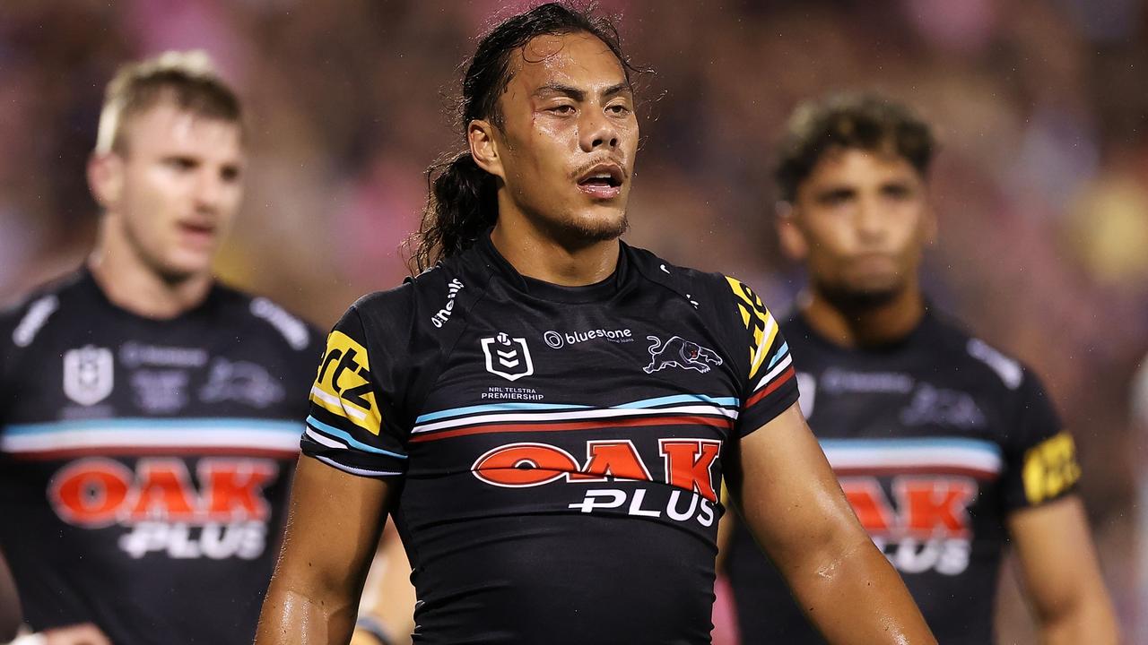 PENRITH, AUSTRALIA - MARCH 03: Jarome Luai of the Panthers looks dejected after a try during the round NRL match between the Penrith Panthers and the Brisbane Broncos at BlueBet Stadium on March 03, 2023 in Penrith, Australia. (Photo by Mark Kolbe/Getty Images)