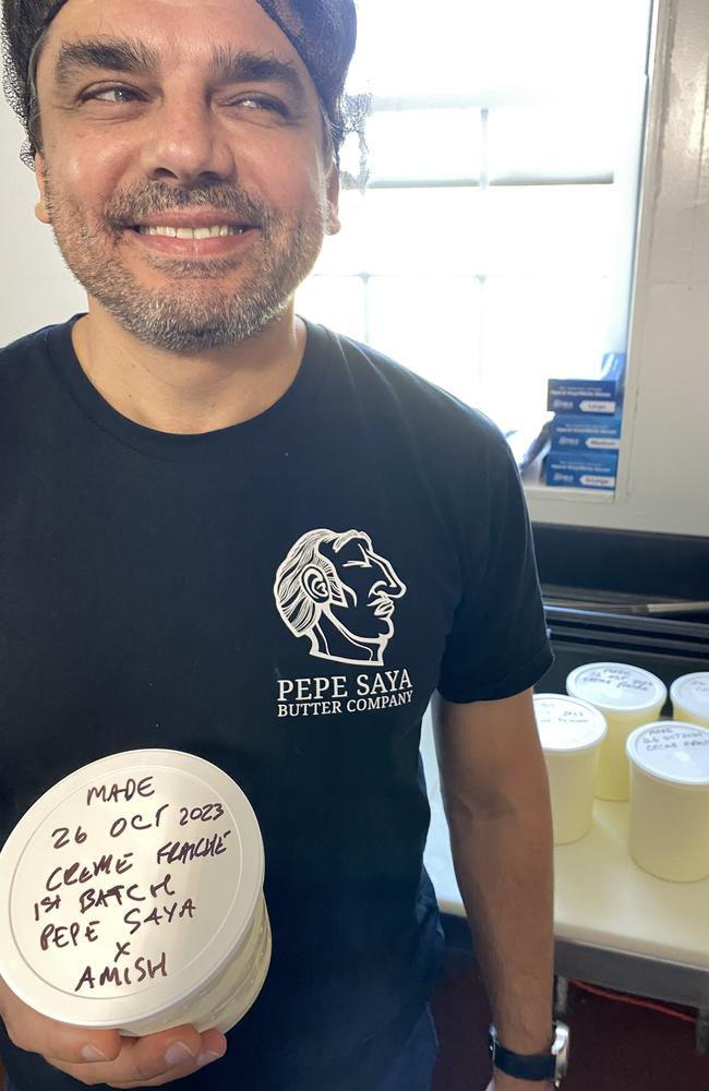 Mr Issa with the first batch of creme fraiche at the Lancaster County farm.