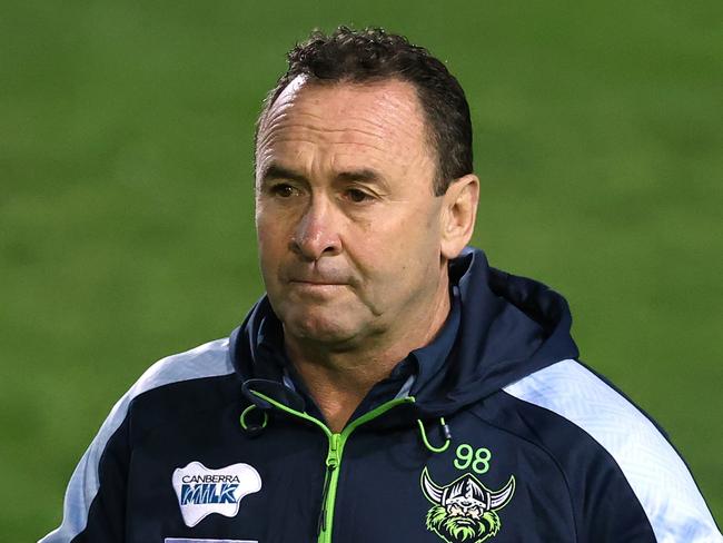 SYDNEY, AUSTRALIA - JULY 08:  Raiders coach Ricky Stuart looks on before the round 17 NRL match between the Manly Sea Eagles and the Canberra Raiders at 4 Pines Park on July 08, 2021, in Sydney, Australia. (Photo by Cameron Spencer/Getty Images)