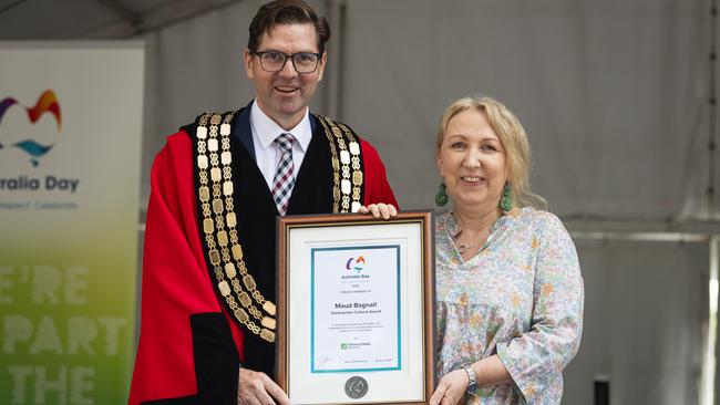 Mayor Geoff McDonald presents Maud Bagnall the Toowoomba Cultural Award at Toowoomba Australia Day celebrations at Picnic Point, Sunday, January 26, 2025. Picture: Kevin Farmer