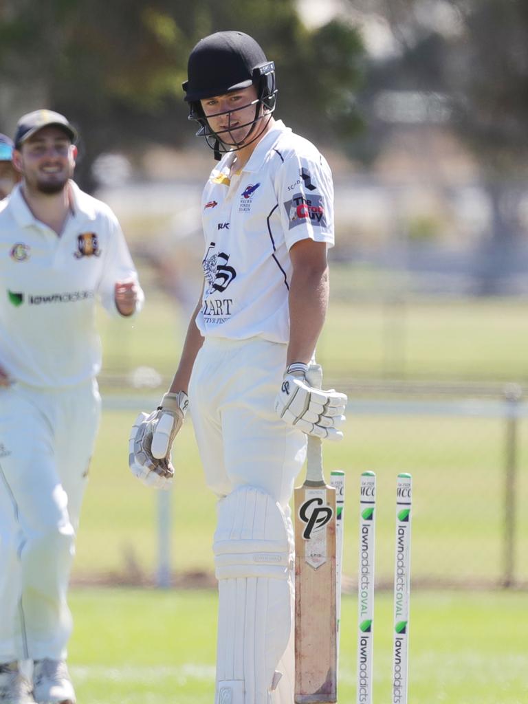 Waurn Ponds Deakin batsman Ethan Rogers after being bowled by Blayke Sadler. Picture: Mark Wilson