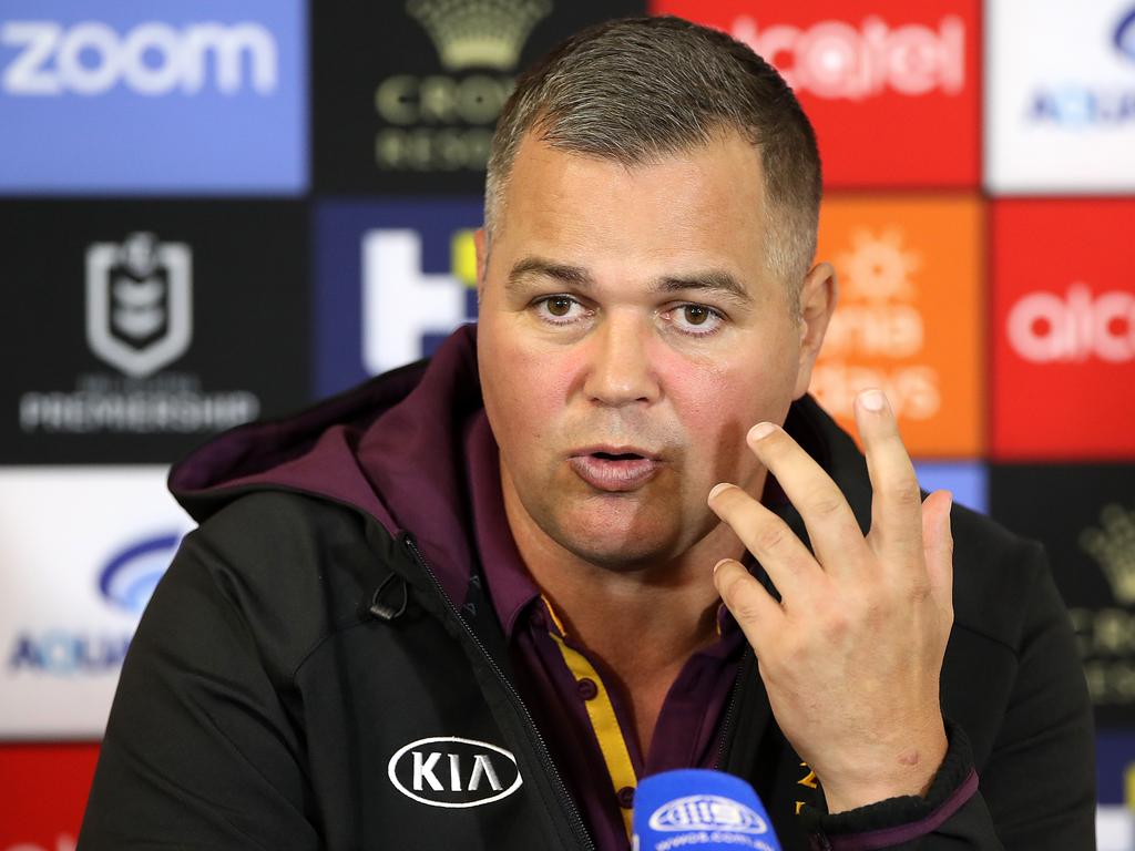 Brisbane Broncos coach Anthony Seibold speaks to the media.