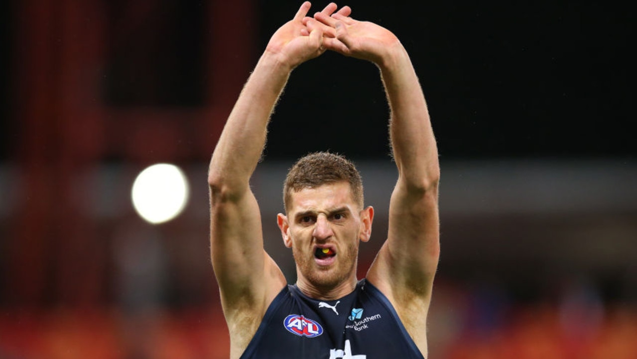 SYDNEY, AUSTRALIA - JUNE 19: Liam Jones of the Blues in action during the round 14 AFL match between the Greater Western Sydney Giants and the Carlton Blues at GIANTS Stadium on June 19, 2021 in Sydney, Australia. (Photo by Jason McCawley/AFL Photos/via Getty Images)