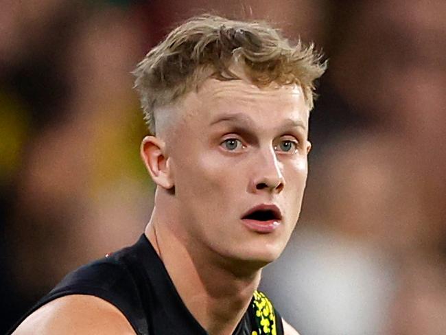 MELBOURNE, AUSTRALIA - APRIL 24: Noah Cumberland of the Tigers looks on during the 2023 AFL Round 06 match between the Melbourne Demons and the Richmond Tigers at the Melbourne Cricket Ground on April 24, 2023 in Melbourne, Australia. (Photo by Dylan Burns/AFL Photos via Getty Images)