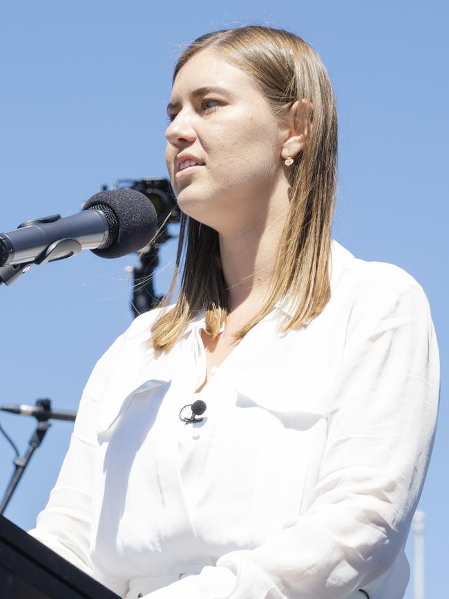 Brittany Higgins speaks at the Canberra Womens March 4 Justice.