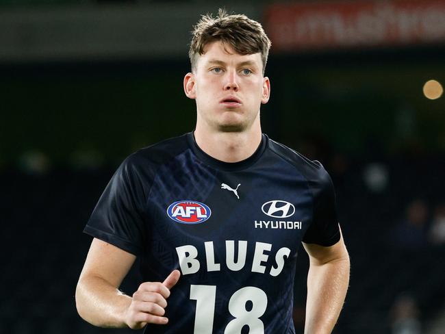 MELBOURNE, AUSTRALIA - APRIL 13: Sam Walsh of the Blues warms up before the 2024 AFL Round 05 match between the Carlton Blues and the Adelaide Crows at Marvel Stadium on April 13, 2024 in Melbourne, Australia. (Photo by Dylan Burns/AFL Photos via Getty Images)