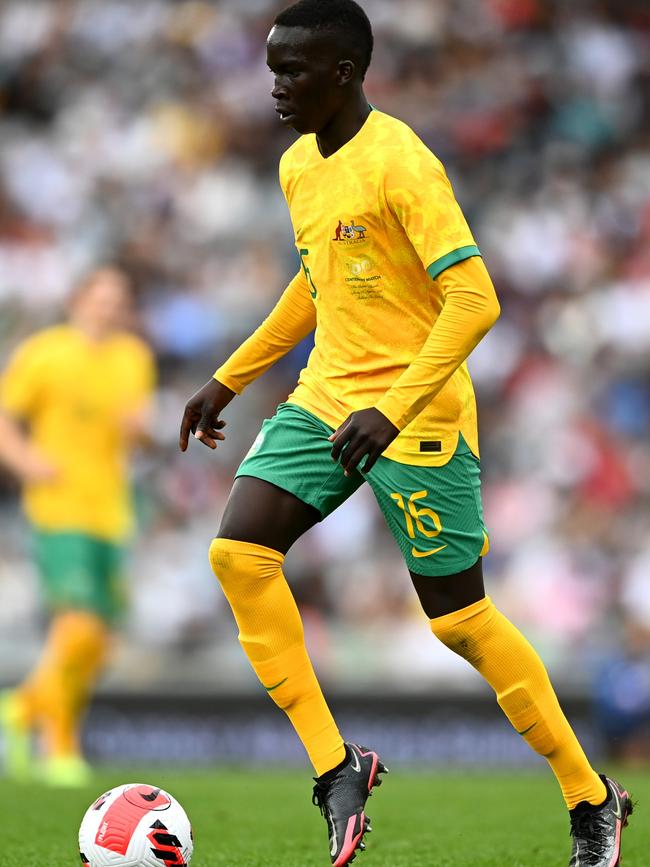 Garang Kuol made his Socceroos debut last week and could be off to Newcastle United in the English Premier League soon. Photo by Hannah Peters/Getty Images