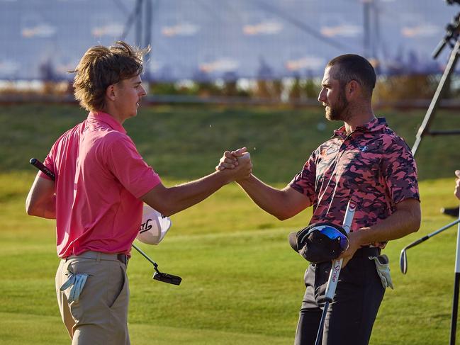 Jack Buchanan (left) is congratulated by Jordan Doull after the 2024 WA PGA Championship at Kalgoorlie. Picture: Alex Verhagen