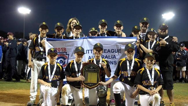 The Cougars celebrate their national title in Lismore in June. Picture: Brad Rathbone/Baseball Queensland.