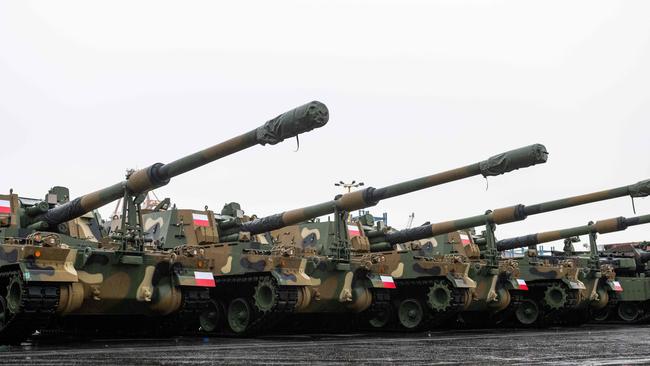 Army equipment is seen in the port after the arrival of the first K2 tanks and K9 howitzers for Poland. Picture: AFP