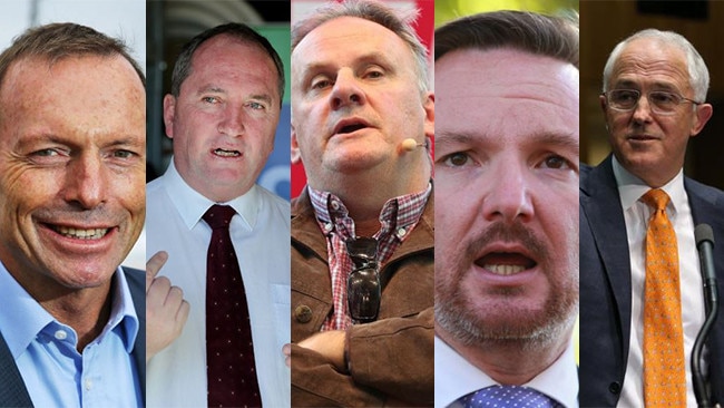 NSW politicians: former Prime Minister Tony Abbott, Nationals Leader Barnaby Joyce, former Labor leader Mark Latham, Shadow Treasurer Chris Bowen and Prime Minister Malcolm Turnbull.