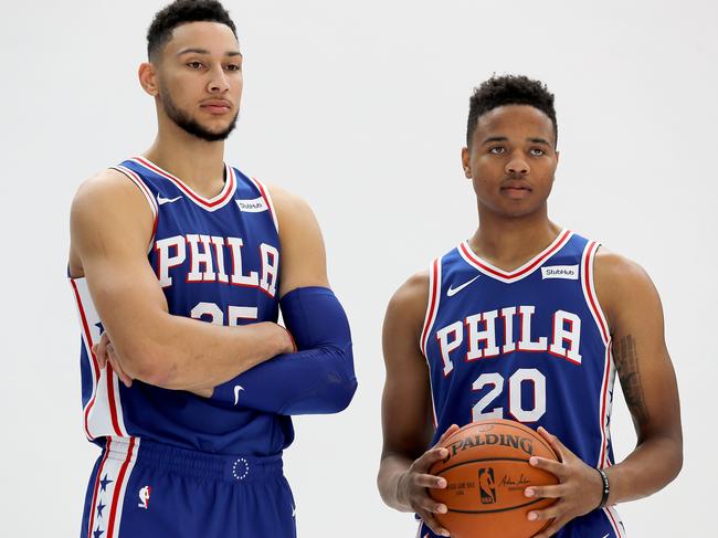 CAMDEN, NJ - SEPTEMBER 25: Ben Simmons #25 and Markelle Fultz #20 of the Philadelphia 76ers pose for a photo together during Philadelphia 76ers Media Day on September 25, 2017 at the Philadelphia 76ers Training Complex in Camden, New Jersey.NOTE TO USER: User expressly acknowledges and agrees that, by downloading and/or using this photograph, user is consenting to the terms and conditions of the Getty Images License Agreement.   Abbie Parr/Getty Images/AFP == FOR NEWSPAPERS, INTERNET, TELCOS & TELEVISION USE ONLY ==