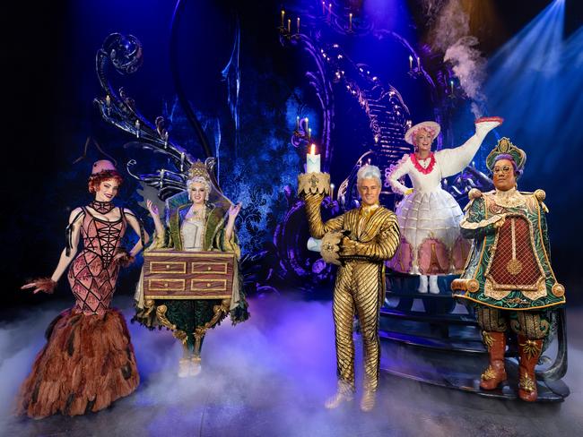 Rohan Browne as Lumiere (centre) with his fellow enchanted characters, Mrs Potts (played by Jayde Westaby), Babette (Hayley Martin), Cogsworth (Gareth Jacobs) and Madame (Alana Tranter). Picture: Jason Edwards