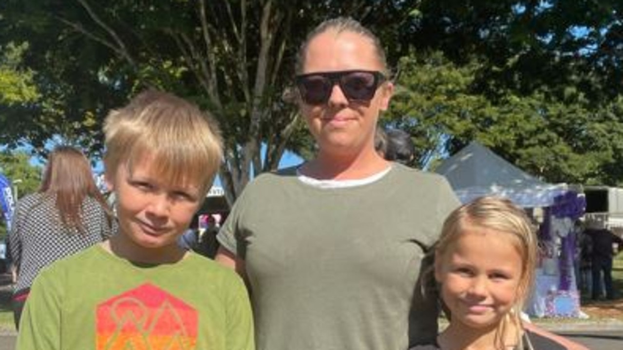 Fletcher, 12, Izzy, 8, and Sharmane at the Sunshine Coast Agricultural Show 2023.