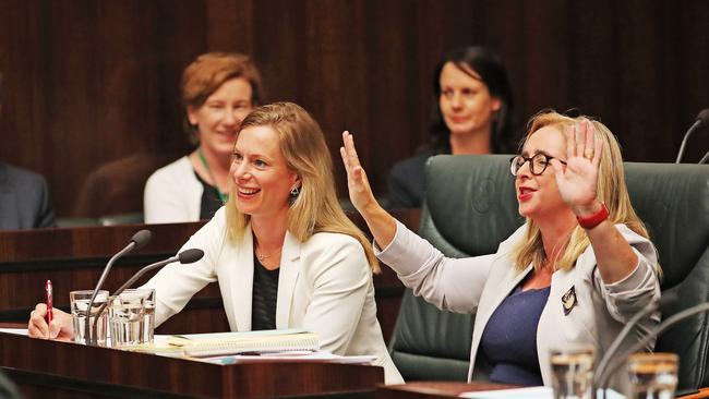 Labor leader Rebecca White alongside Michelle O'Byrne during question time in state Parliament. Picture: Zak Simmonds