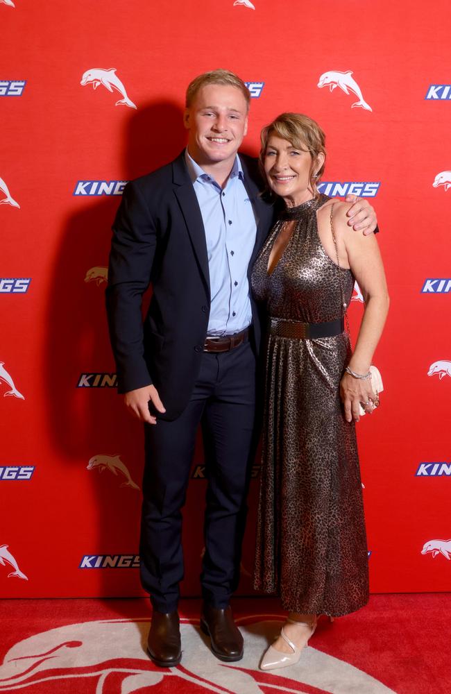 Max Plath with mum Nicole Plath, attend the Dolphins Awards night. Picture: Steve Pohlner