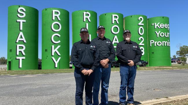 Grantley Jack, Jason Thomasson and Jack Trenaman from the Start Rockhampton Ring Road group in front of the newly painted silos at Parkhurst.