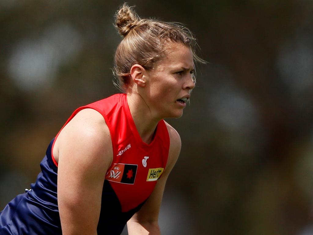 MELBOURNE, AUSTRALIA - OCTOBER 29: Maddison Gay of the Demons in action during the 2022 S7 AFLW Round 10 match between the Melbourne Demons and the West Coast Eagles at Casey Fields on October 29, 2022 in Melbourne, Australia. (Photo by Dylan Burns/AFL Photos via Getty Images)