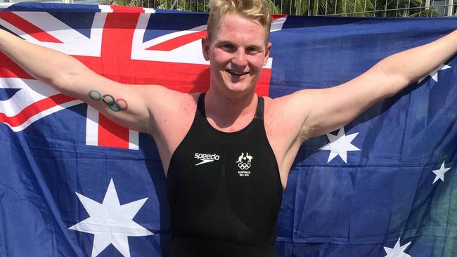 Jarrod Poort celebrates after his gallant Olympic swim. Picture: Todd Balym