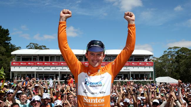 Tour Down Under - Stage 5 - McLaren Vale to Willunga Hill. Simon Gerrans on the podium with the Ochre Jersey. Photo Sarah Reed