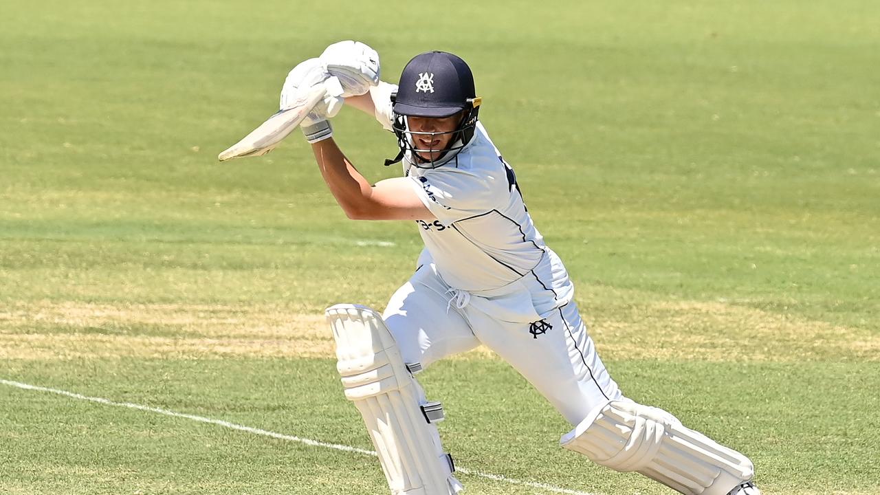 MELBOURNE, AUSTRALIA - FEBRUARY 19: Marcus Harris of Victoria bats during day two of the Sheffield Shield match between Victoria and Queensland at CitiPower Centre, on February 19, 2022, in Melbourne, Australia. (Photo by Quinn Rooney/Getty Images)