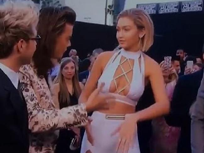 Not a fan ... Gigi Hadid appears to snub Harry Styles but hugs his band mates. Picture: Supplied