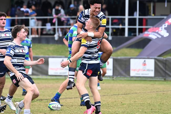 Will Knight and Josh Takai celebrate. GPS v Brothers Colts club rugby 1. Saturday June 1, 2024. Picture, John Gass