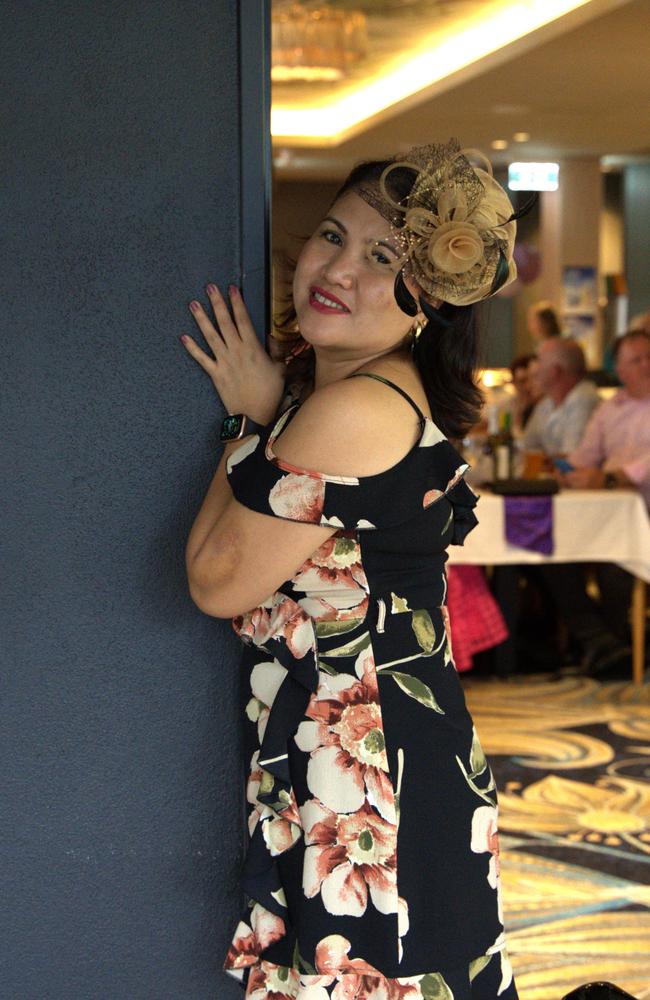 Gowns adorned by patrons at the Gympie RSL during the Melbourne Cup Races on November 7, 2023.