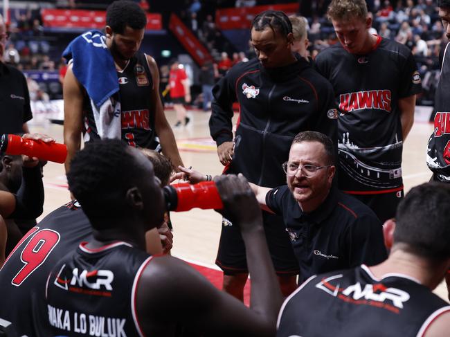 Jackomas talks to his team during a time-out in his first win as a full-time NBL coach. Picture: Mark Evans/Getty Images