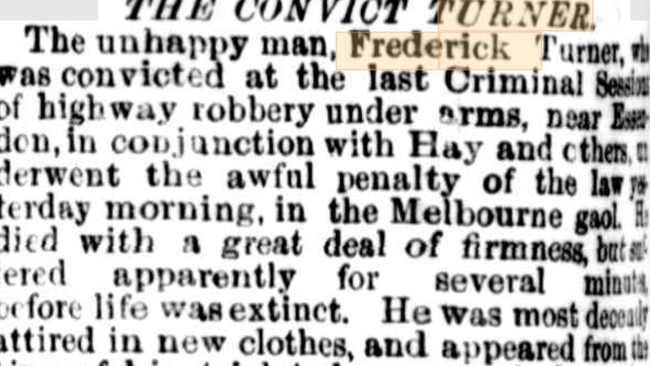 The Argus report of Frederick Turner’s execution, published on April 28, 1857. Picture: Trove Collection, National Library of Australia