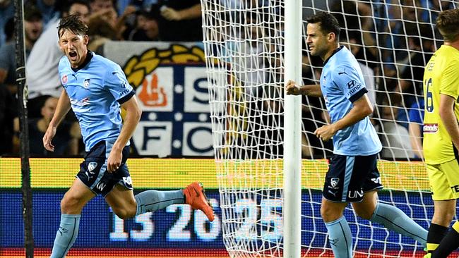 Filip Holosko of Sydney celebrates after scoring against Central Coast Mariners.