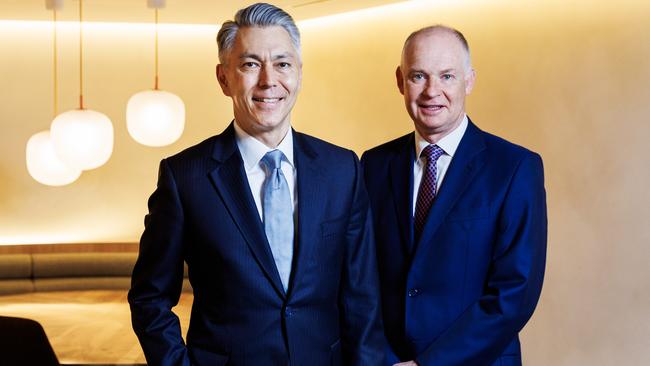 BHP chief executive Mike Henry (left) with chief financial officer David Lamont at their Collins St headquarters in Melbourne. The mining giant is making a play for fellow behemoth Anglo American. Picture NCA NewsWire / Aaron Francis