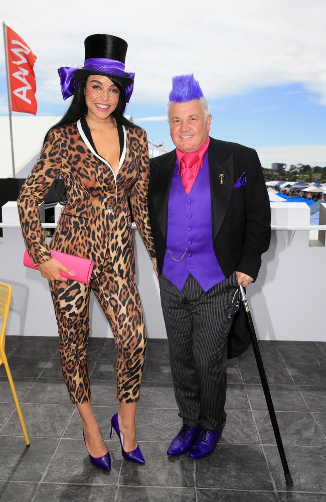 Darryn Lyons and his partner Elissa Friday in the Birdcage at the 2014 Melbourne Cup. Picture: Alex Coppel.